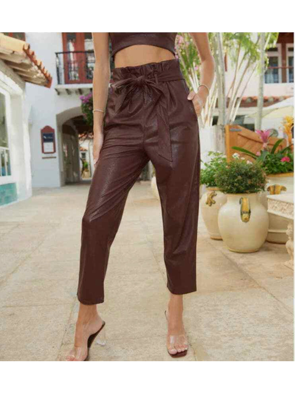 COMMANDO NWT Faux Leather Paperbag Pants in Oxblood // M
